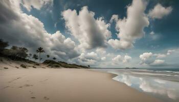 ai genererad en strand med fotspår och moln i de sand foto