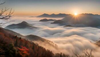 ai genererad de Sol stiger över de moln i de bergen foto