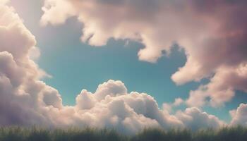 ai genererad moln och gräs- fält med Sol lysande genom foto