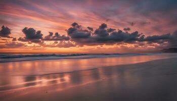 ai genererad en skön solnedgång över de hav och strand foto