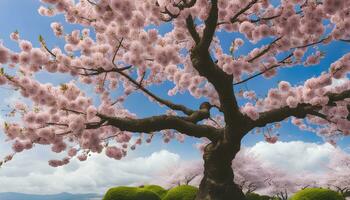 ai genererad en skön träd med rosa blommor i de mitten av en fält foto