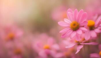 ai genererad rosa blommor är visad i en fält med en suddig bakgrund foto