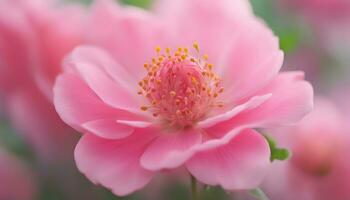 ai genererad en stänga upp av en rosa blomma med en grön bakgrund foto