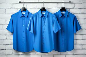 ai genererad herr skjorta hängande i garderob blå bomull kläder på galge foto