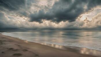 ai genererad en strand under stormig himmel med vågor och fotspår foto