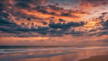ai genererad en skön solnedgång över de hav och strand foto