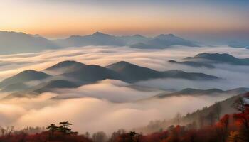ai genererad en se av bergen och dimma i de morgon- foto