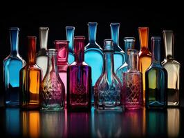 ai genererad flaskor för parfymer och kosmetika, annorlunda färger och storlekar. attrapp foto