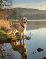 ai genererad majestätisk gyllene retriever njuter natur förbi de sjö med himmel och moln reflexion foto