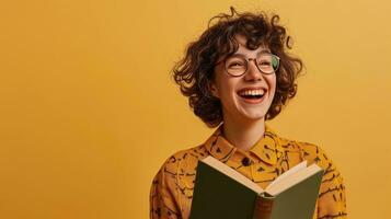 ai genererad en kvinna i en mönstrad skjorta skrattar medan läsning en bok foto