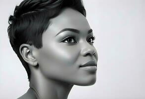 ai genererad svart och vit profil porträtt av skön afrikansk amerikan kvinna med kort hår, närbild foto