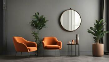 ai genererad runda spegel hängande på de vägg med gjutning i verklig Foto av mörk Sammanträde rum interiör med orange fåtölj och färsk inlagd växt