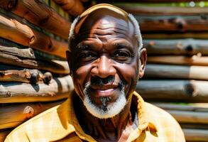 ai genererad närbild porträtt av skallig och skäggig afrikansk amerikan senior man i logga stuga foto