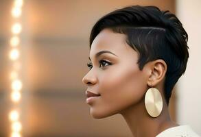 ai genererad svart och vit profil porträtt av skön afrikansk amerikan kvinna med kort hår, närbild foto