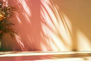 ai genererad abstrakt rosa Färg lutning studio bakgrund för produkt presentation. tömma rum med skuggor av fönster och blommor och handflatan löv . 3d rum med kopia Plats. sommar konsert. foto