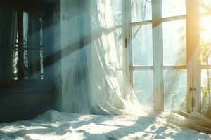 ai genererad vind slag genom de öppen fönster i de rum. vinka vit tyll nära de fönster. morgon- Sol belysning de rum, skugga bakgrund överlägg. generativ ai. foto
