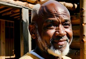 ai genererad närbild porträtt av skallig och skäggig afrikansk amerikan senior man i logga stuga foto