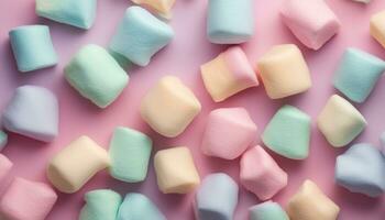 ai genererad flerfärgad bomull godis. pastell marshmallows. minimal stil. pastell bakgrund foto