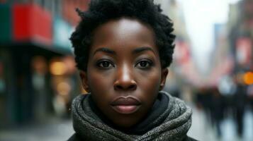 ai genererad självsäker afrikansk amerikan kvinna i urban miljö, porträtt med suddig stad bakgrund foto