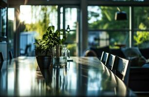 ai genererad suddig glas dörr i interiör kök dining rum foto