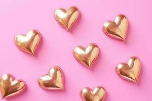ai genererad få guld hjärtan är dekorerad på en rosa bakgrund foto