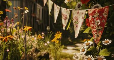 ai genererad blomma buntings i en trädgård med blommor foto