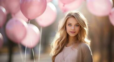 ai genererad ung flicka på en bakgrund av rosa ballonger foto