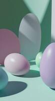 ai genererad rosa, blå och grön ägg på en grön bakgrund foto