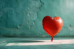 ai genererad röd hjärta ballong i främre av en blå rum foto