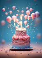 ai genererad en rosa födelsedag ljus kaka är omgiven förbi stjärnor och ballonger foto