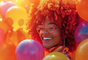 ai genererad en Lycklig skön ung kvinna med stor afro har roligt med ballonger foto