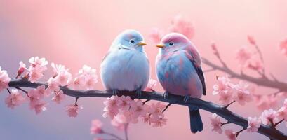 ai genererad två fåglar är sittande på en rosa blomma gren foto