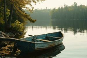 ai genererad en rad båt dockad på en sjö med träd och vatten, foto