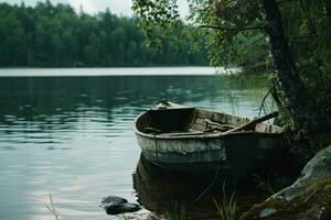 ai genererad en rad båt dockad på en sjö med träd och vatten, foto