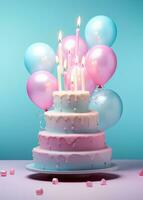 ai genererad en födelsedag kaka med födelsedag ljus och ballonger på en blå bakgrund foto