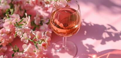 ai genererad en glas av reste sig vin bredvid några rosa blommor foto