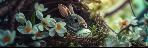 ai genererad påsk ägg kanin i en bo förbi blommor foto