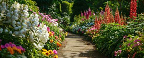 ai genererad en skön trädgård väg med färgrik blommor foto