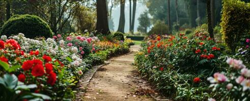 ai genererad en skön trädgård väg med färgrik blommor foto