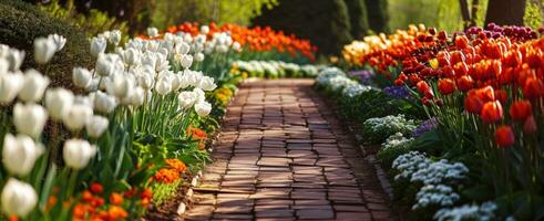 ai genererad en skön trädgård väg med färgrik blommor foto