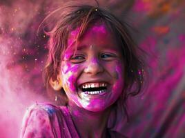 ai genererad en flicka leende Lycklig med färgrik pulver foto