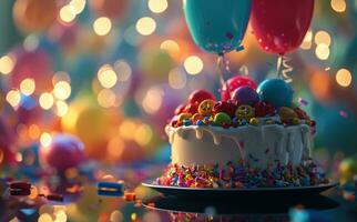 ai genererad en födelsedag kaka med ballonger i den foto