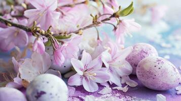 ai genererad en rosa sakura träd, liljor och påsk ägg på en färgrik yta foto