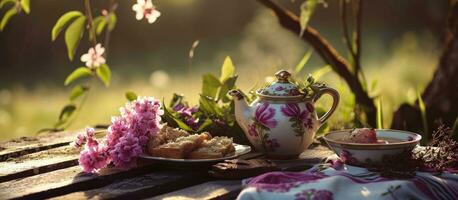 ai genererad en tekanna med rosa blommor sitter Nästa till några mat och te foto