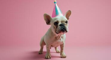 ai genererad en vit franska bulldogg i en fest hatt är stående på en rosa bakgrund foto