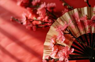 ai genererad en papper fläkt med rosa blommor på en röd bakgrund, foto