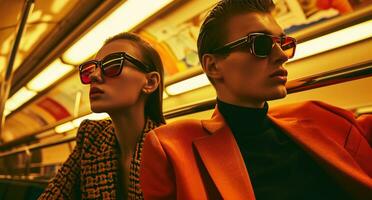 ai genererad en manlig och kvinna bär färgad solglasögon i de tunnelbana foto