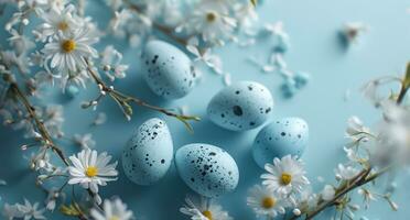 ai genererad en ljus blå bakgrund med blå ägg, blommor och daisy foto