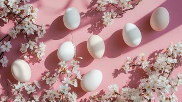 ai genererad ett arrangemang av vit ägg på ett aprikos bakgrund med sakura vit blommande grenar foto