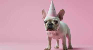 ai genererad en vit franska bulldogg i en fest hatt är stående på en rosa bakgrund foto